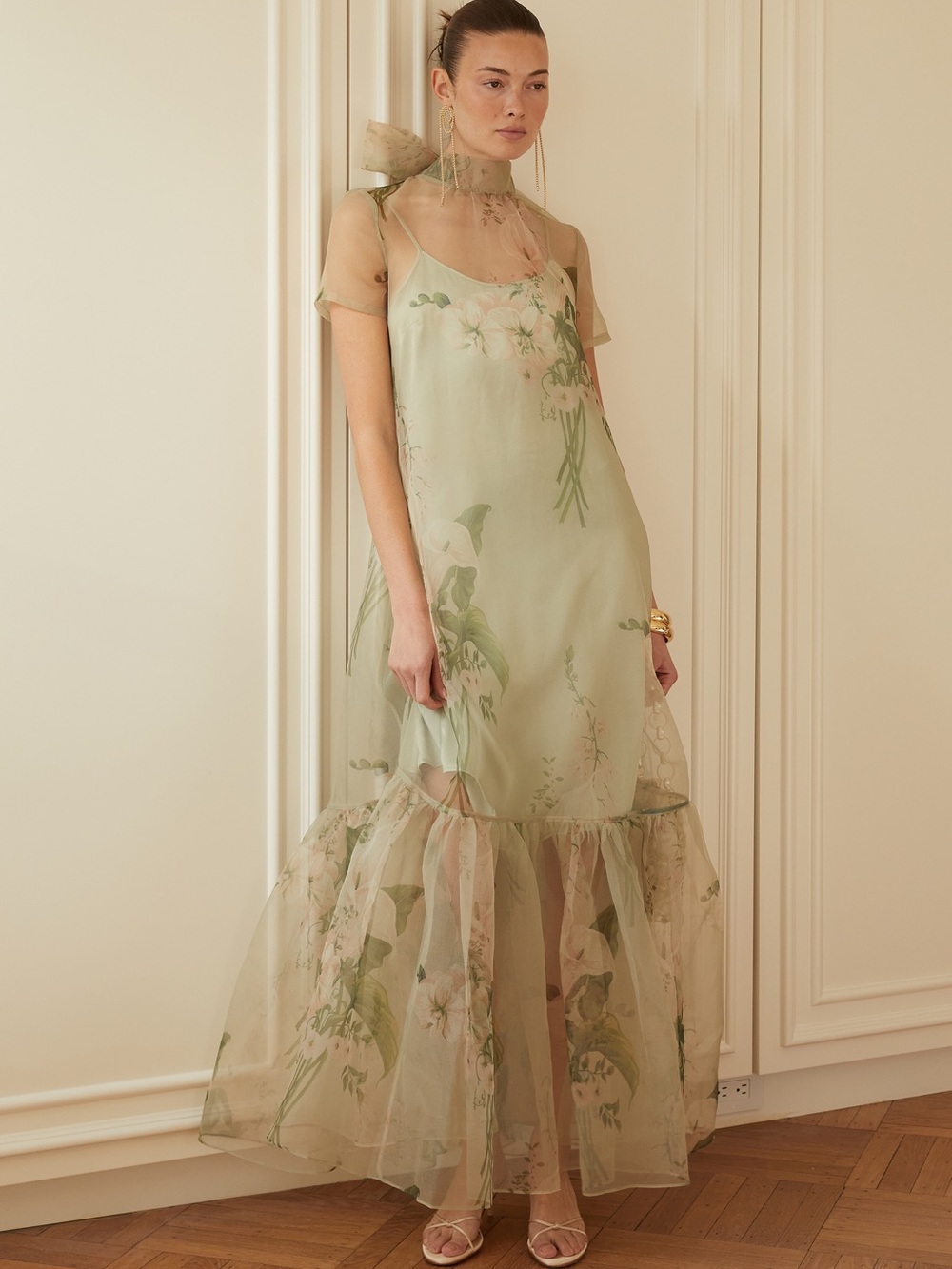 Sheer Sage Floral Maxi Dress with Neck Tie - Picture 2 of 7